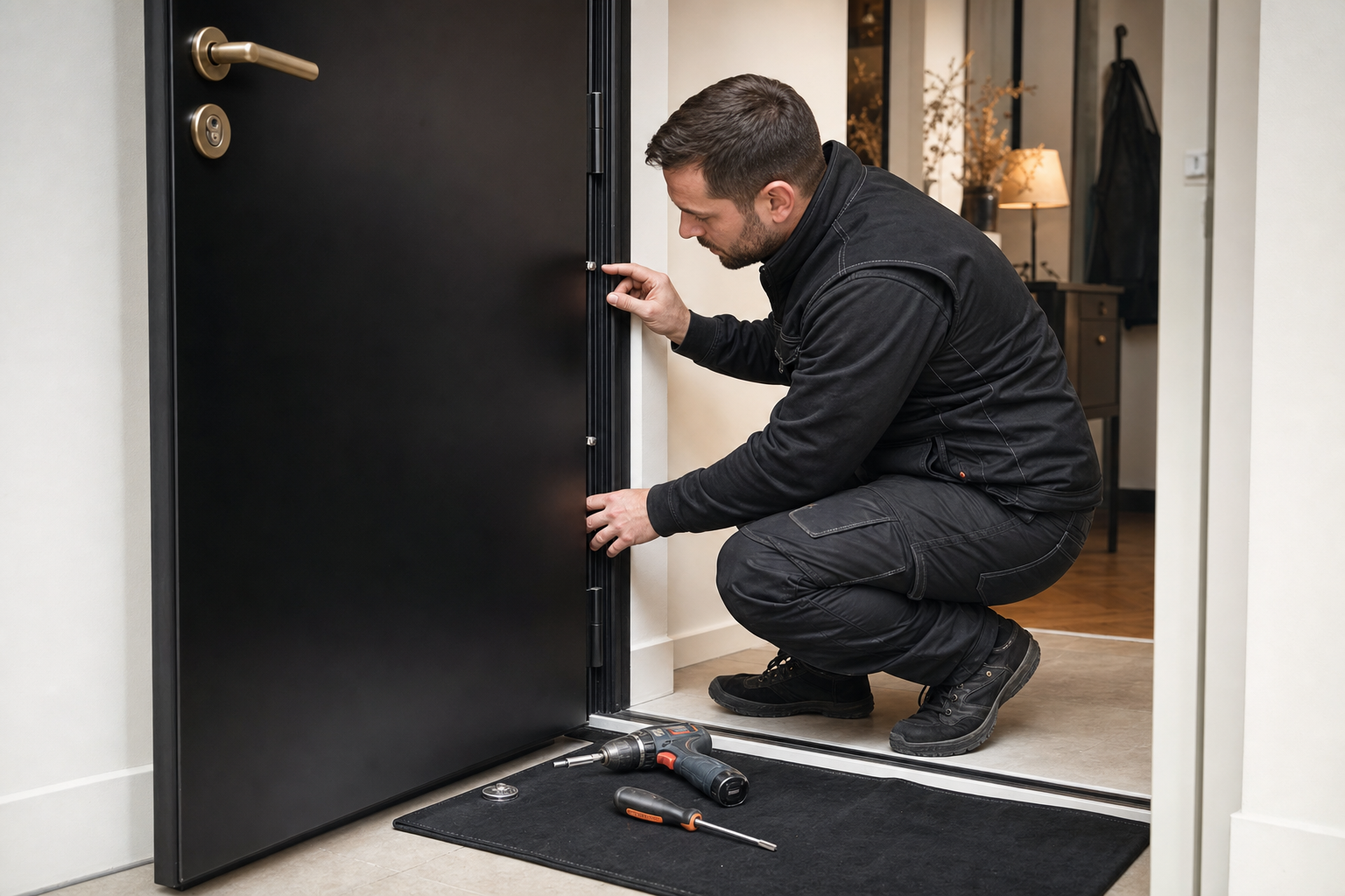 Locksmith fitting anti-lift reinforcements to a black door in Brussels