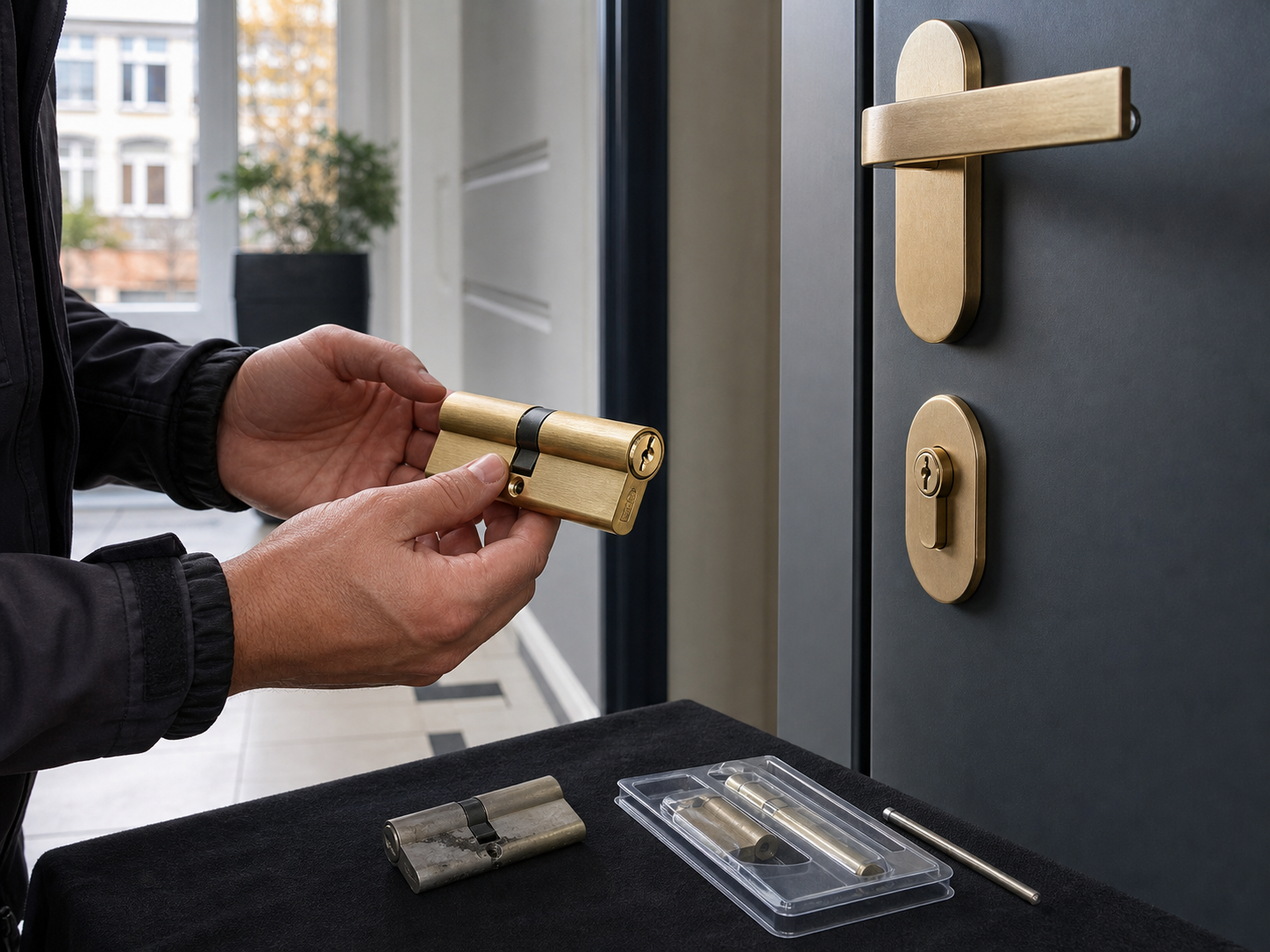Locksmith presenting a high-security cylinder beside a door in Brussels