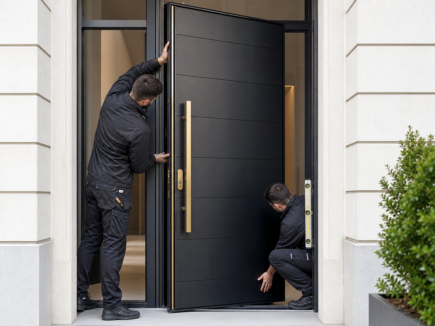 Deux serruriers installant une porte d'entrée sécurisée noire à Bruxelles