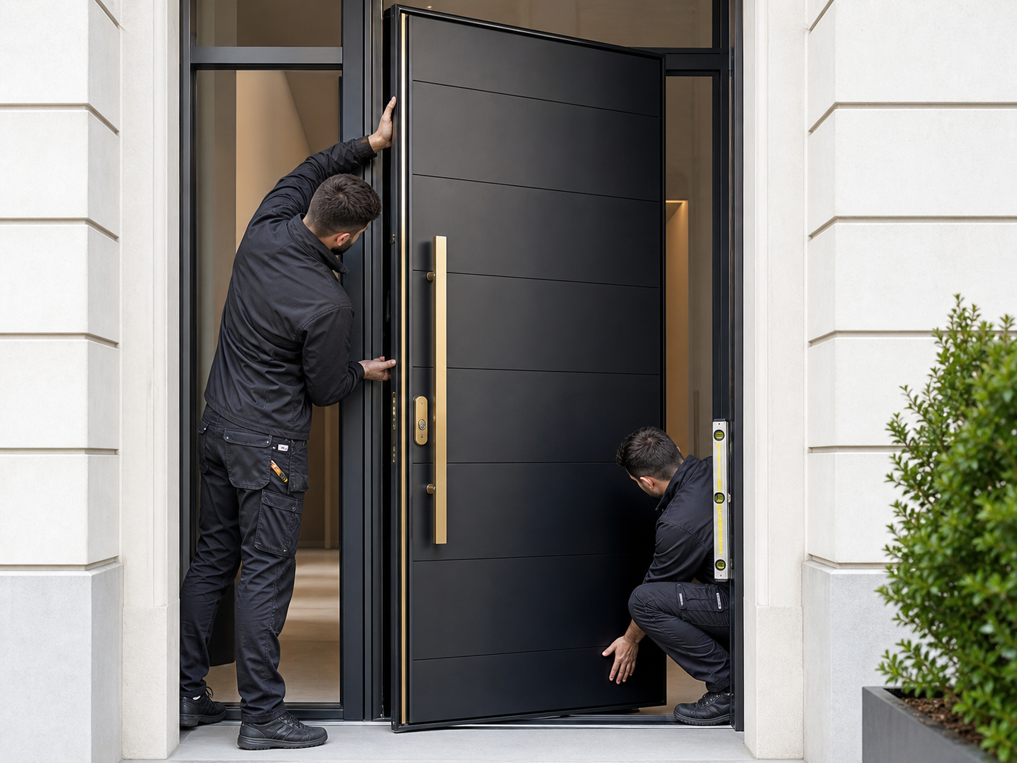 Two locksmiths installing a secure black entrance door in Brussels