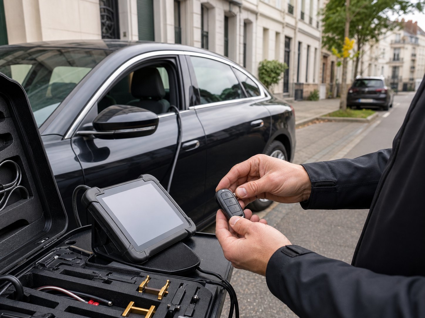 Technicien reprogrammant une clé de voiture sur site à Bruxelles
